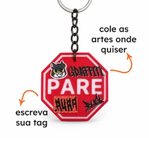Chaveiro Placa Pare personalizado com adesivos DTF de graffiti, gato e tag escrita à mão