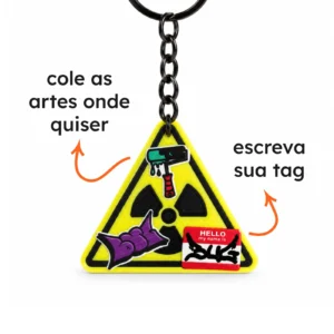 Chaveiro Placa Radioativo personalizado com adesivos DTF de rolo de tinta e tag escrita à mão