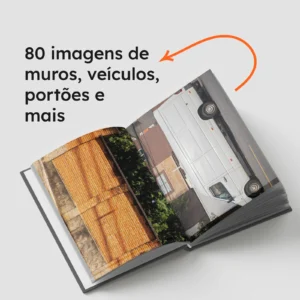 Sketchbook aberto com 80 imagens de muros, veículos e portões